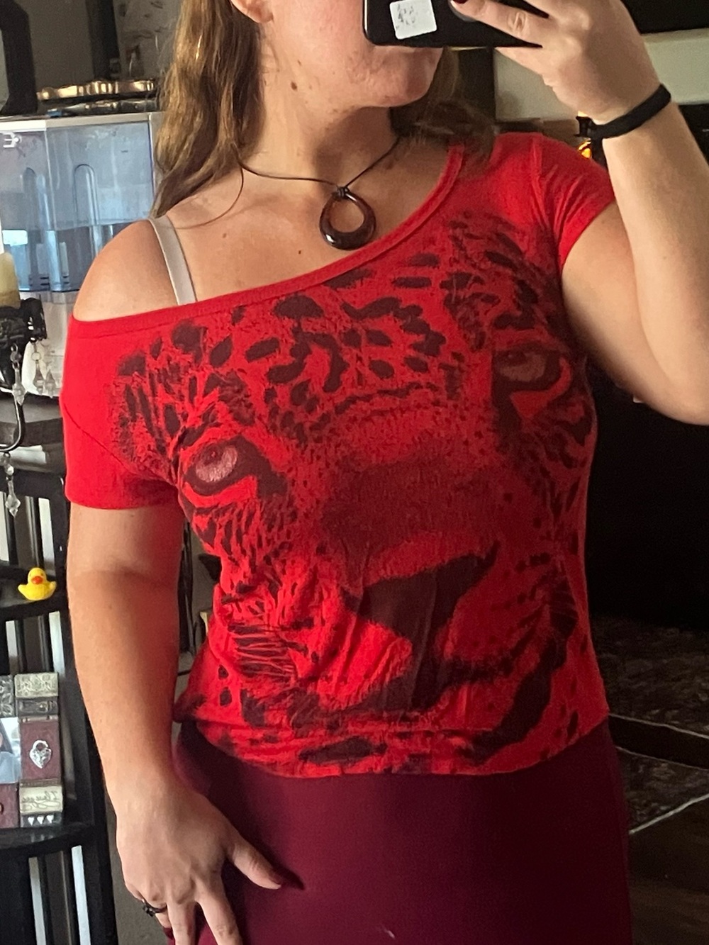 Free Kisses Red Off-Shoulder Leopard Face Short Sleeve Tee
